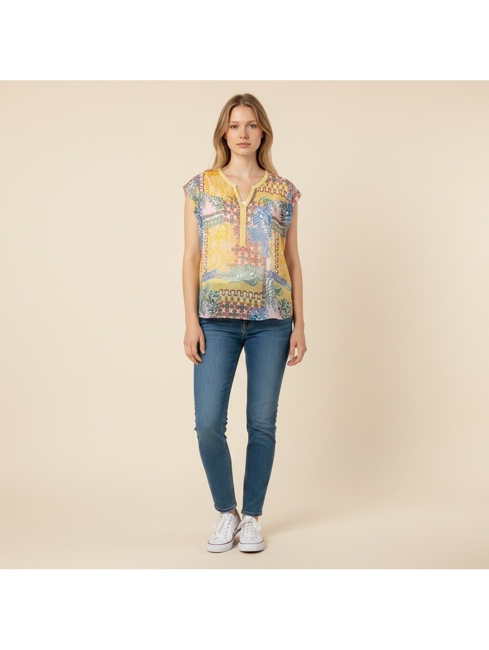 Cato Blouse Women L Large Yellow Floral V-Neck Lined Short Sleeve Casual